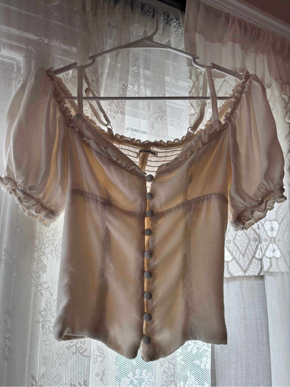 Reformation Sheer Puff Sleeve Button-Front Top in Cream - Picture 2 of 4